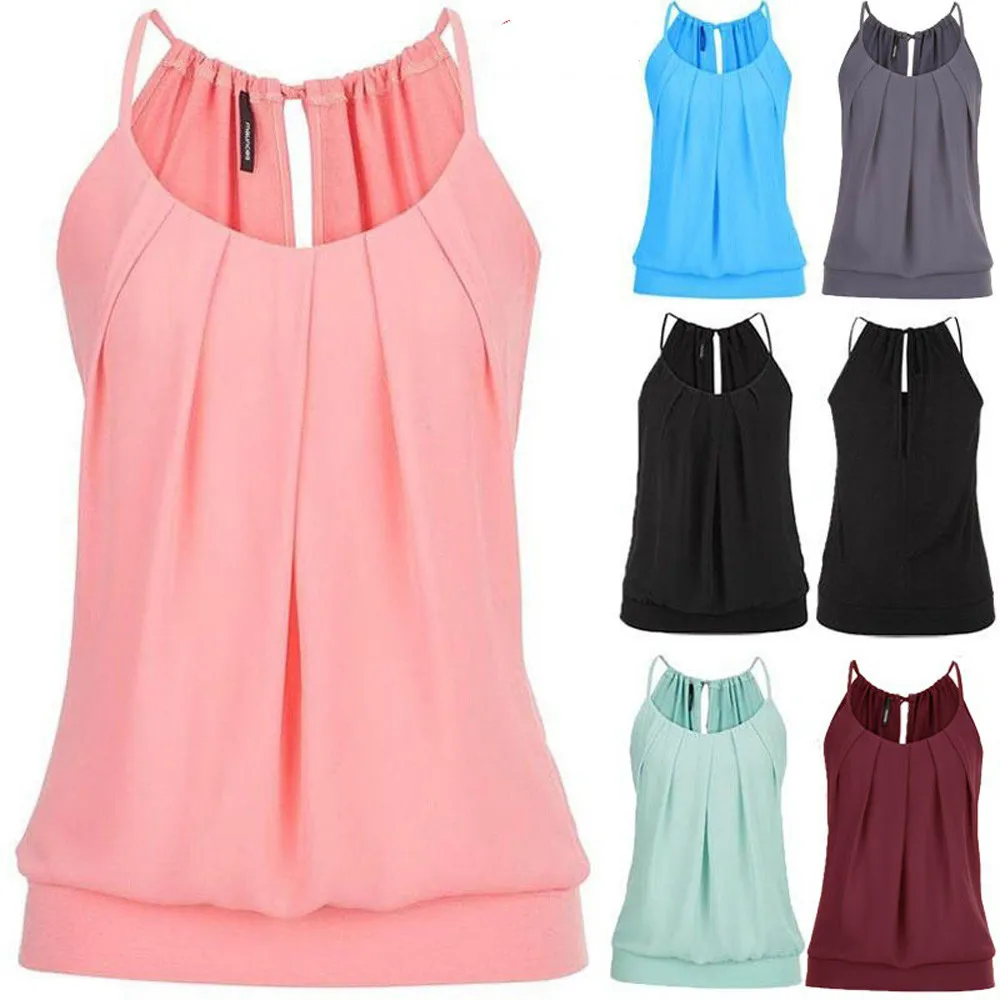 45 Women Summer Comfort Loose Wrinkled Soild O Neck Cami Tank Tops