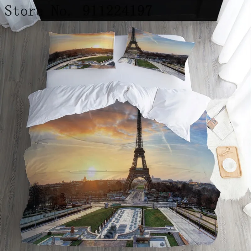 Paris The Eiffel Tower Printed Bedding Set Queen Size Comforter Bed