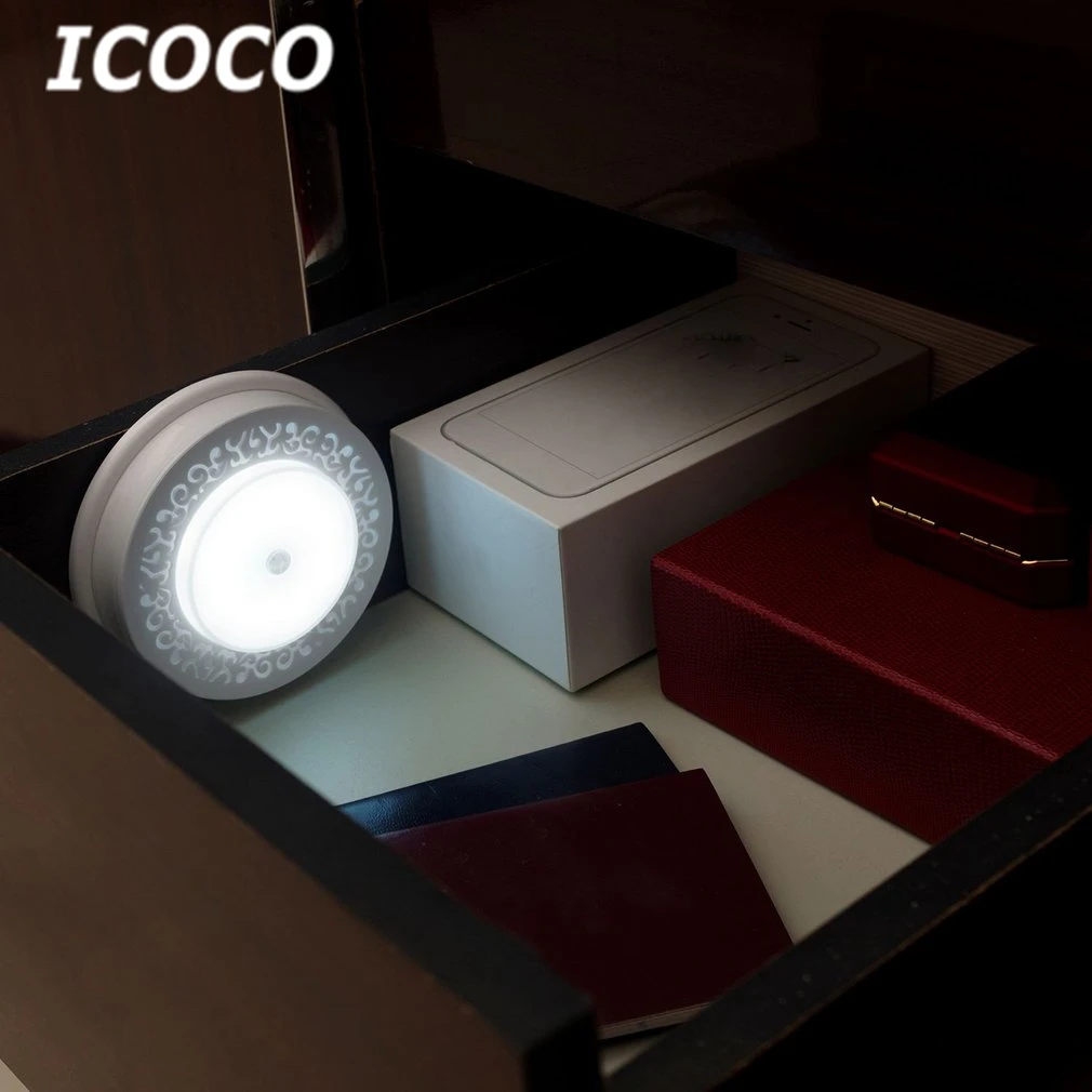 ICOCO стильный светодиодный Светильник-ночник с круглым датчиком, светильник с питанием от батареи, индукционный светильник, энергосберегающий аварийный светильник, Прямая поставка - Цвет: White Light