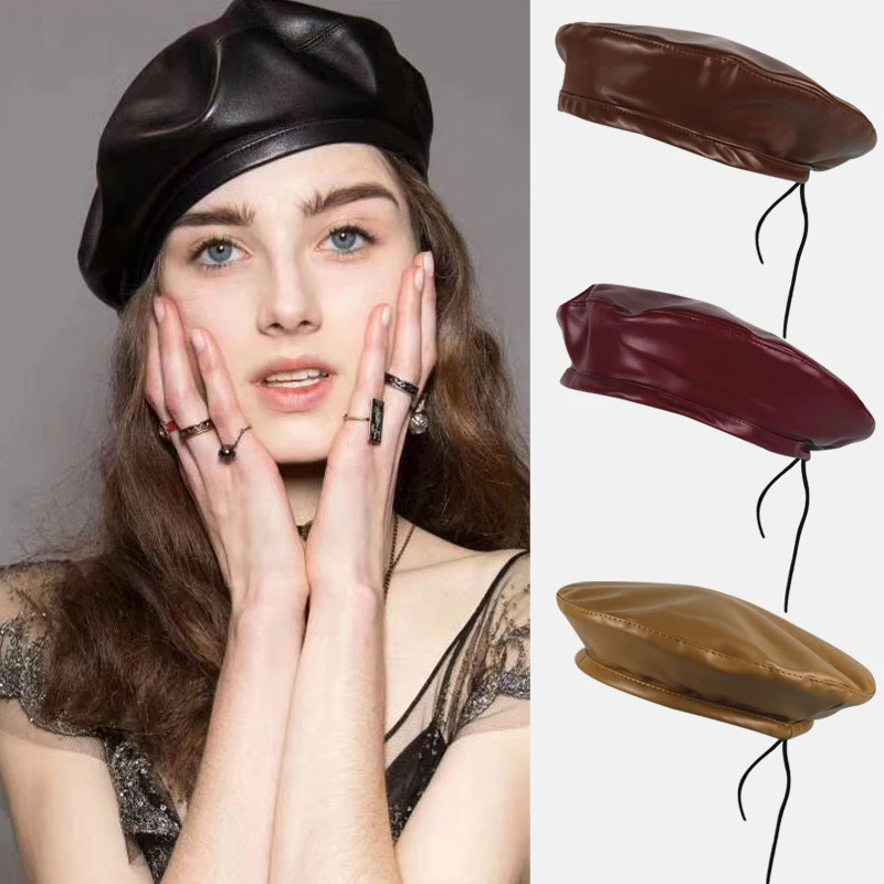 

New Women PU Leather Beret Hat Retro Beanie Caps Autumn Winter Fashion Hat Girl Casual Beret Cap Comfortable Leather Hat