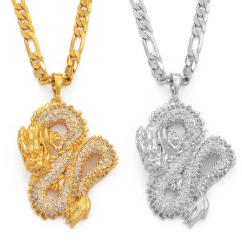 

Anniyo Dragon Model Pendant Necklaces Women Men Gold Color Jewellery Cubic Zirconia Mascot Ornaments Lucky Symbol Gifts #067104