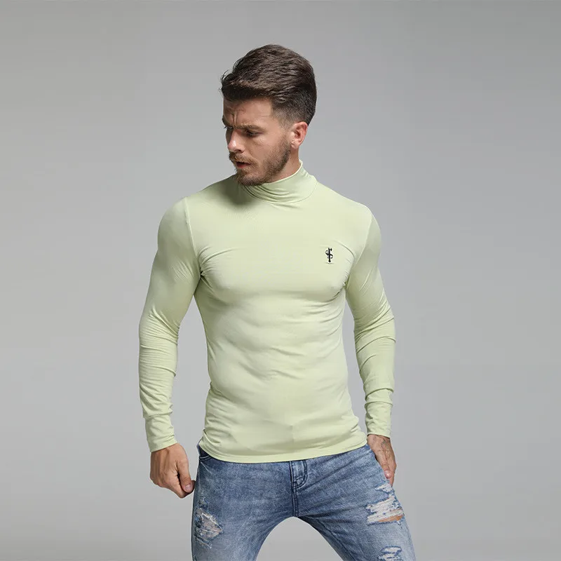 Light green Компрессионные рубашки с высоким воротником, мужская спортивная футболка для бодибилдинга, топ с длинными рукавами, футболка для спортзала, Мужская Фитнес-плотно - Цвет: Light green