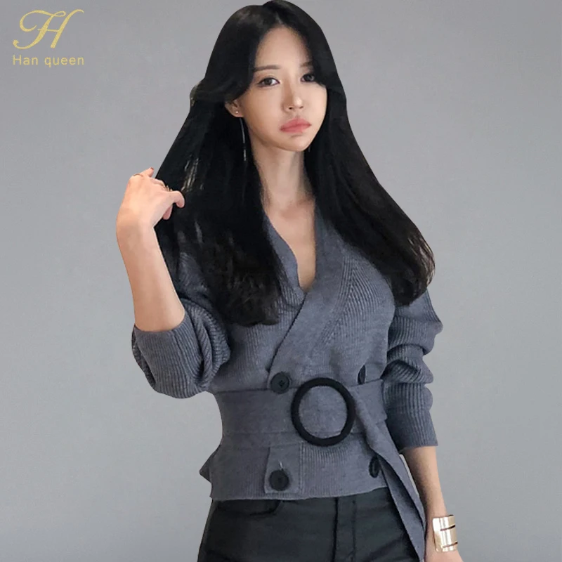 

H Han Queen Women 2019 Autumn Winter New Korean Style Cardigan Sweaters OL Elegant V-neck Double-breasted Short Sweater Cardigan