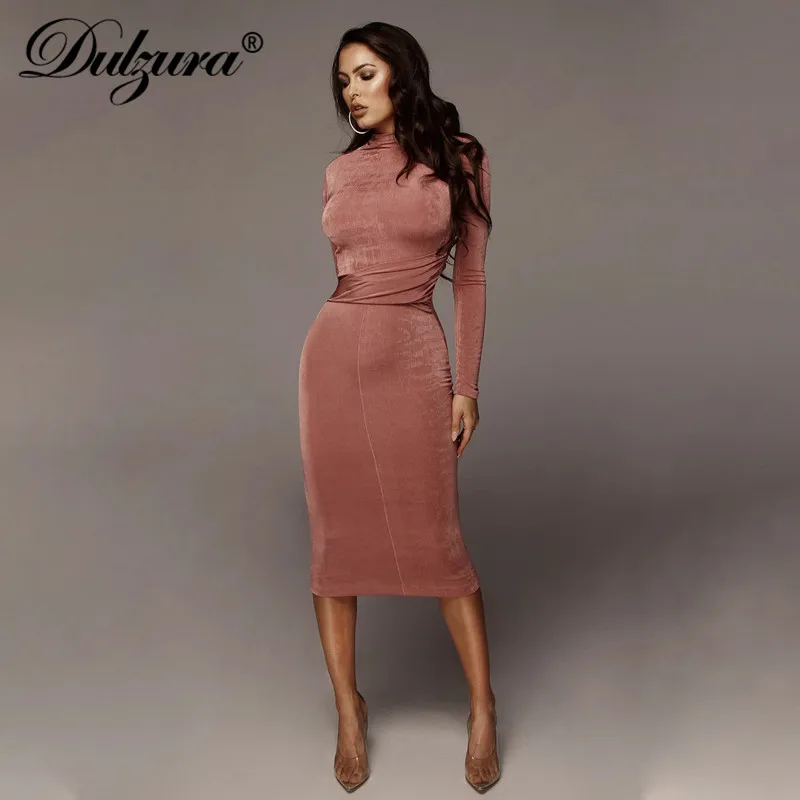 Tanie Dulzura plisowana damska sukienka midi z długim rękawem bodycon elegancka impreza 2019 jesień zima festiwal ubrania wieczorowe stroje obiadowe