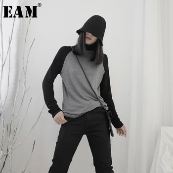 

[EAM] Women Gray Contrast Color Split Temperament T-shirt New Turtleneck Long Sleeve Fashion Tide Spring Autumn 2020 19A-a648