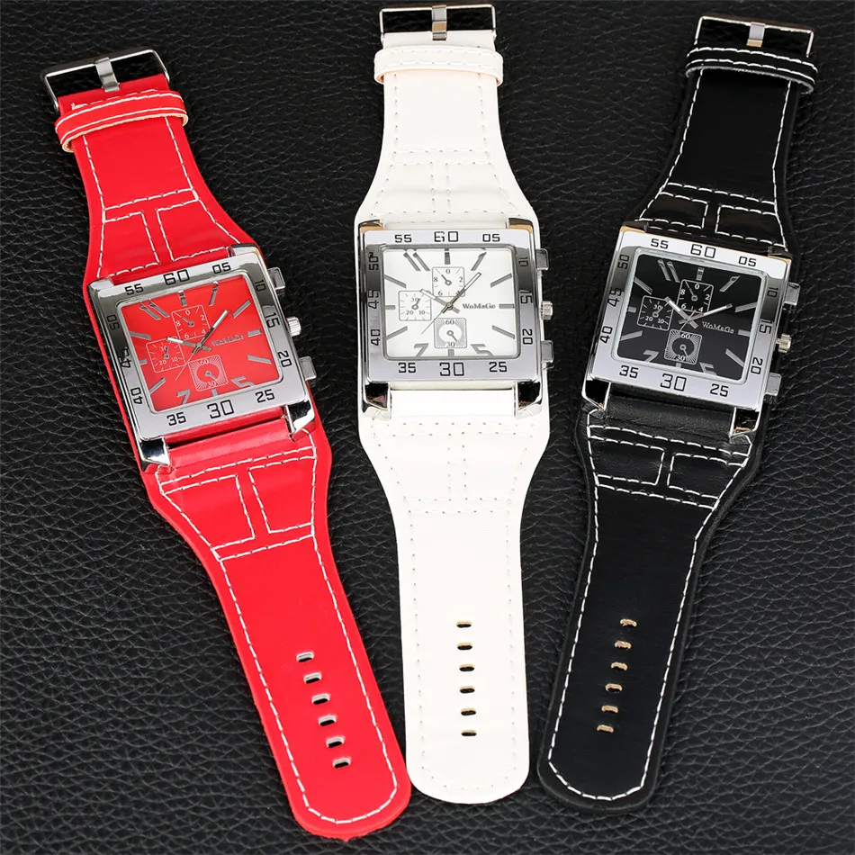 Watchband Wristwatches Square Dial Red/white Fashion Lady Rock Movement Punk Big-Size