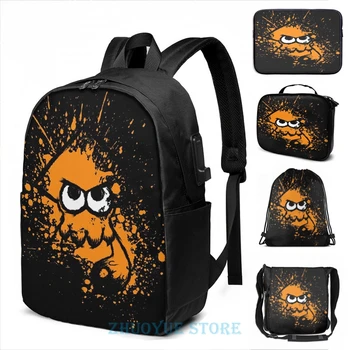 

Splatoon Black Squid with Blank Eyes on Orange Splatter Mask USB Charge Backpack men School bags Cosmetic bag Travel laptop bag