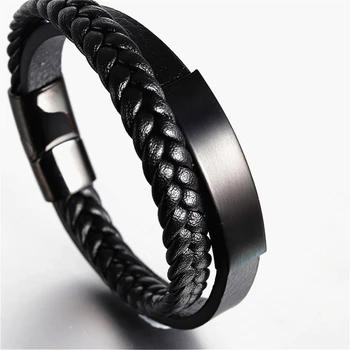 

Luxury Curved Design Stainless Steel Accessories Magnetic Button Braid Multilayer Genuine Leather Bracelet for Men Punk Jewelry