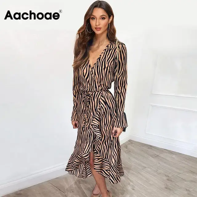 US $9.48 Long Dresses 2020 Women Zebra Print Beach Bohemian Maxi Dress Casual Long Sleeve V Neck Ruffles Ele
