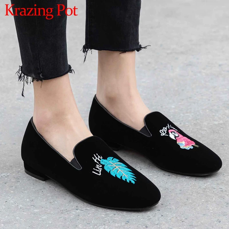 

Krazing Pot mixed colors embroidered genuine leather casual shoes slip on round toe low heels comfortable women spring pumps L71