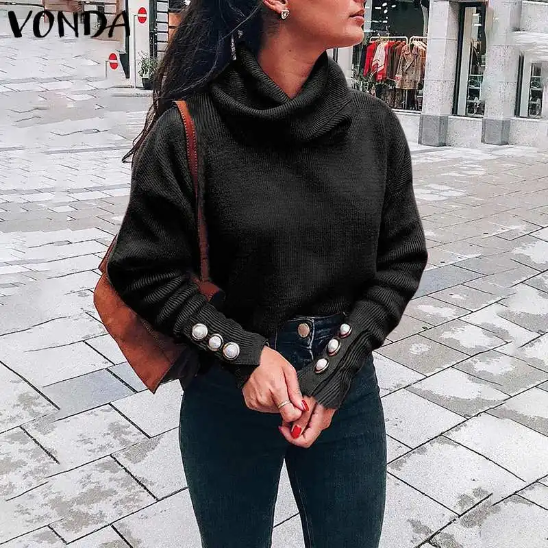 VONDA, женские осенние Топы с длинным рукавом и блузки,, женские рубашки с высоким воротом, Весенняя зимняя блуза, богемные блузы размера плюс