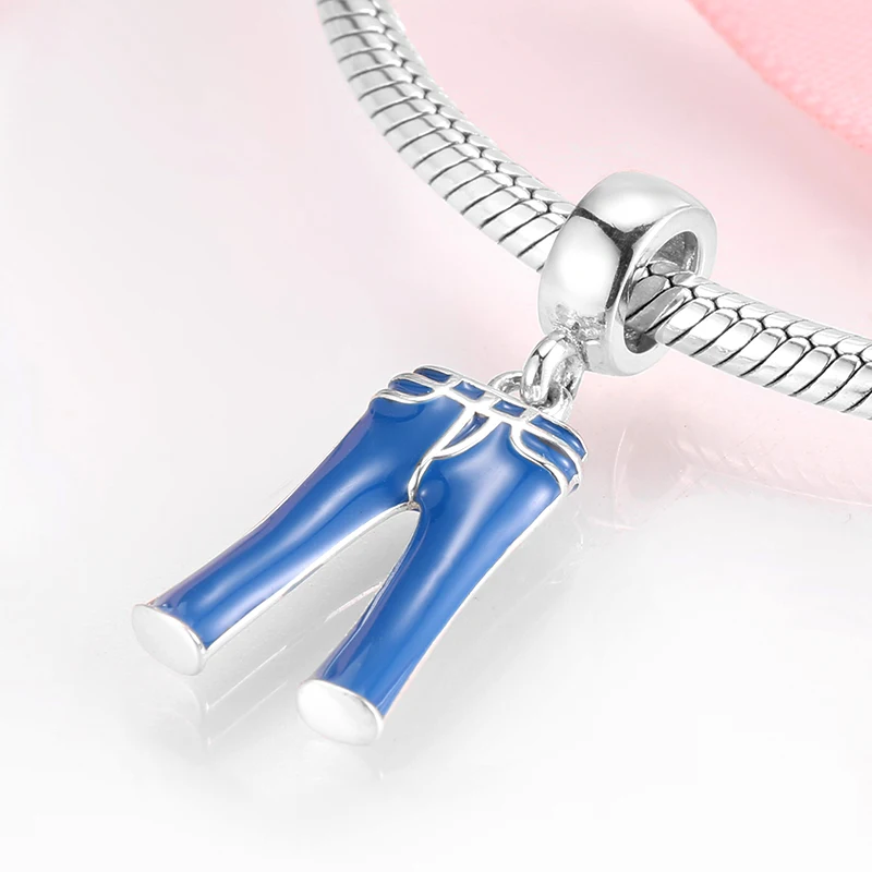 New 925 Sterling Silver cute Blue enamel jeans Pendants charms Fit Pandora beads Bracelet for Women Fine Jewelry