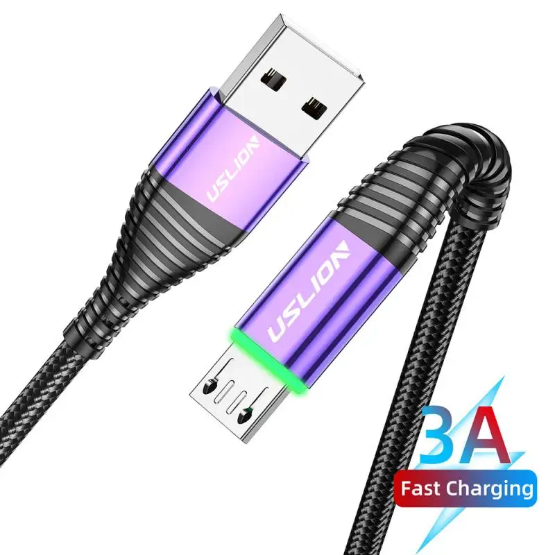 Charge Cable 3.0A Fast Charging Mobile Phone Data Cord With Green LED Android Line Nylon Braided For Chargering | Мобильные телефоны