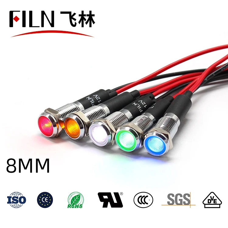 FILN 8mm 12V 24V 110V 220V Metall-LED-Pilotleuchte für Armaturenbrett, Signal- und Warnleuchte, 20cm Kabel, Chrom-Finish, für Auto, Boot, Marine – Detail 1