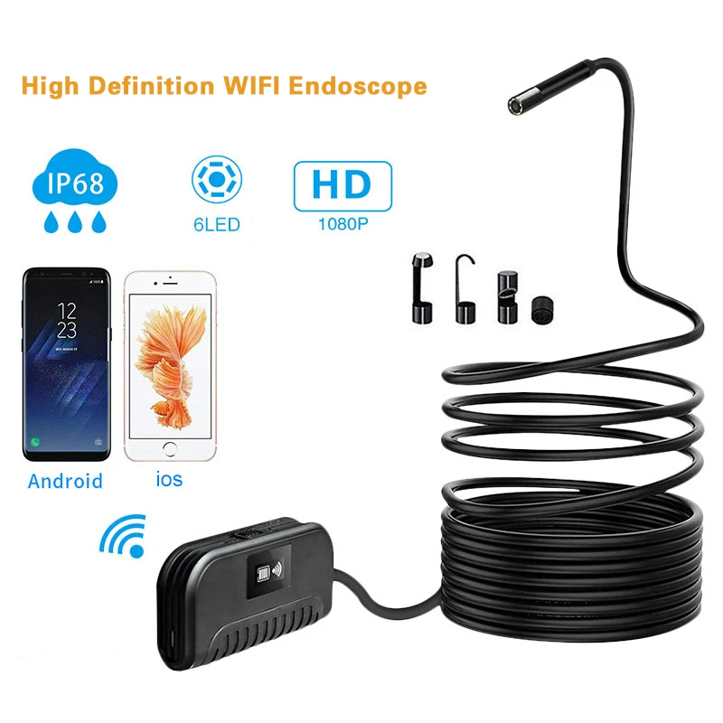 

8mm Lens WiFi Endoscope Camera 1080P HD Inspection Camera IP68 Waterproof Snake Camera 6LED Semi-Rigid For Android IOS Endoscope