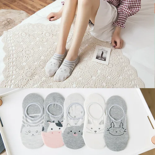 귀여운 고양이 여우 면 소재 여성용 슬리퍼, 캐주얼 재미있는 한국 귀여운 카와이 만화 하라주쿠 보트 발목 양말, 여름, 5 쌍 2