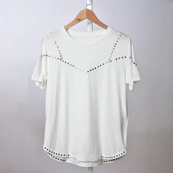

100% Cotton Women's O-neck T-shirt Short Sleeve Loose Casual Rivet Decoration Tees and Tops Female Clothings