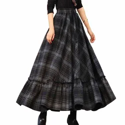 Moda de cintura alta vestido longo temperamento comute novas roupas femininas cintura elástica costura grande balanço saias xadrez faldas largas
