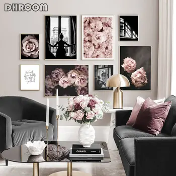 

Scandinavian Fashion Poster Pink Flower Sexy Girl Nordic Style Wall Art Canvas Print Painting Modern Living Room Decor Picture