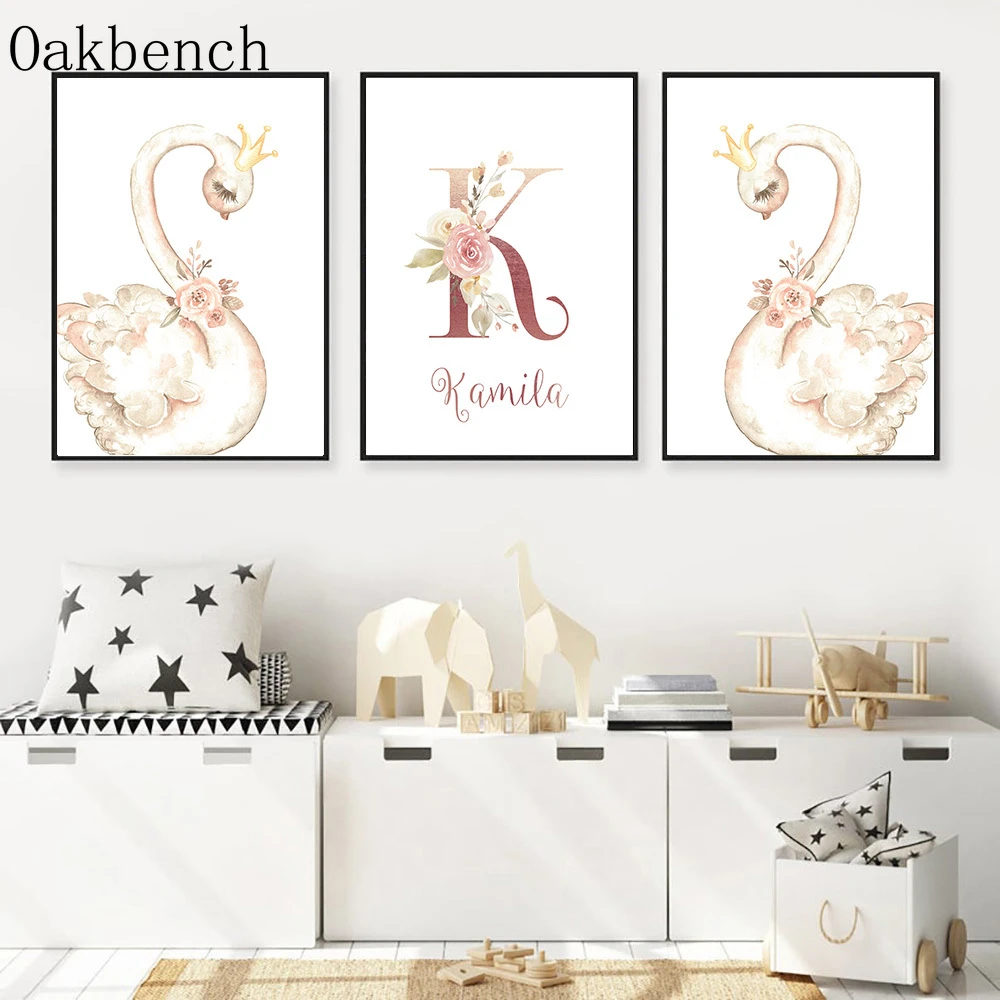 Swan Canvas Painting Custom Girl S Name Art Print Nursery Wall Art Prints Poster Baby Room Decor Peony Flower Wall Pictures Painting Calligraphy Aliexpress