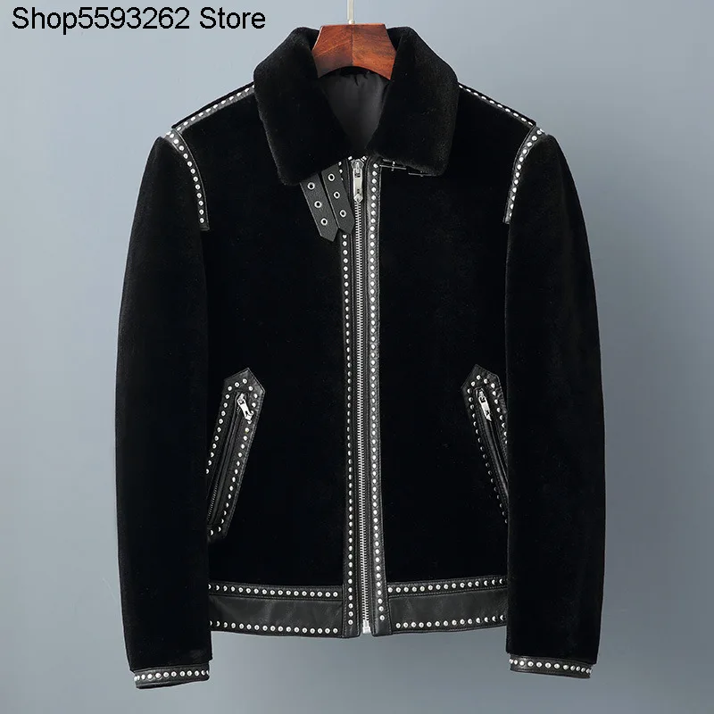 

High Quality Fur One Piece Male Locomotive Fur Jacket Trend Handsome Rivet Youth Sheep Shearing Fur Outside