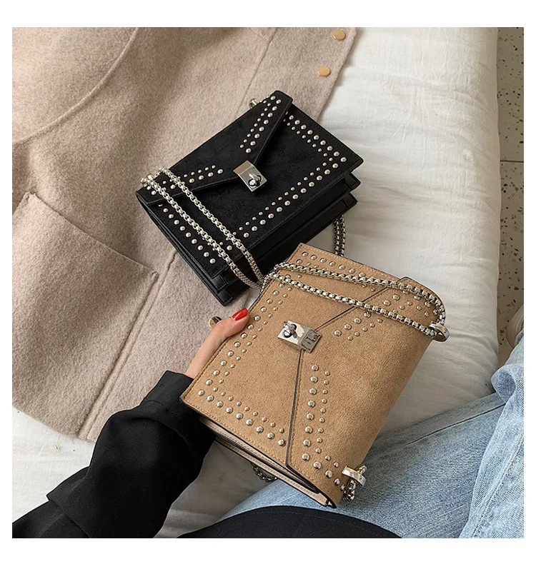 Vintage Leather Crossbody Bags For Women Travel Handbag Chain Fashion Rivet Lock Small Shoulder Messenger Bags Female Flaps