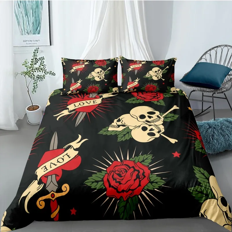 Gothic Moth Heart Sugar Skull Printed Bedding Set Skeleton Love  