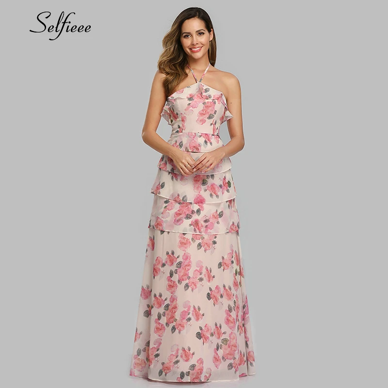 Повседневное Платье макси с цветочным принтом, ТРАПЕЦИЕВИДНОЕ шифоновое женское платье с оборками на бретельках, простое пляжное платье для вечеринки vestidos - Цвет: EP07239PK