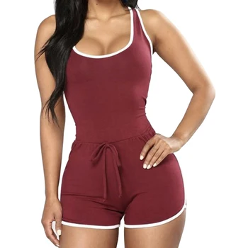

2020 Summer Women Playsuits Sport Wear Lace Up Skinny Top Fashion O Neck Vest And Mini Shorts Workout Fitness Mujer Rompers