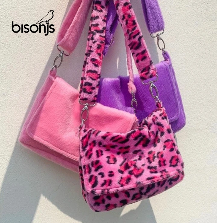 

BISONJS Soft Female Faux Rabbit Fur Handbag Lady Plush Shoulder Bag Casual Winter Deformation Women Leopard Evening Torba Clutch