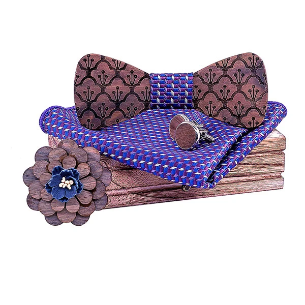 Wooden Bow Tie Men Set Square Scarf Cufflinks Brooch Party Stage Bow Tie Men's Accessories Logo Custom