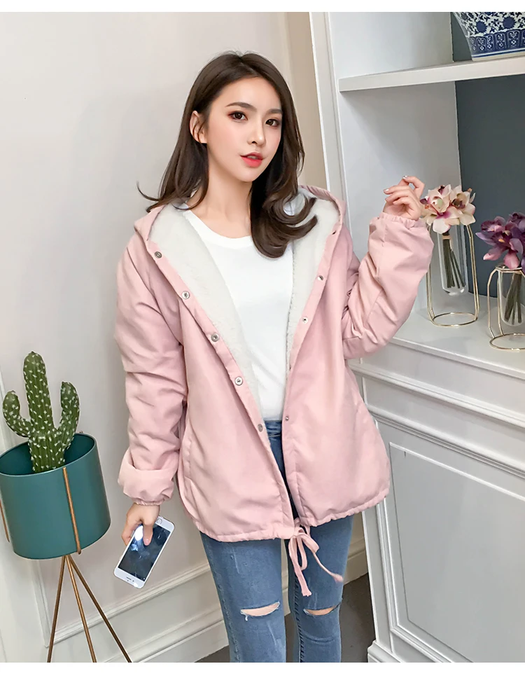 New Style Korean-style Loose-Fit Students Printed Brushed And Thick Hooded Mid-length Lambs Wool Coat Tops