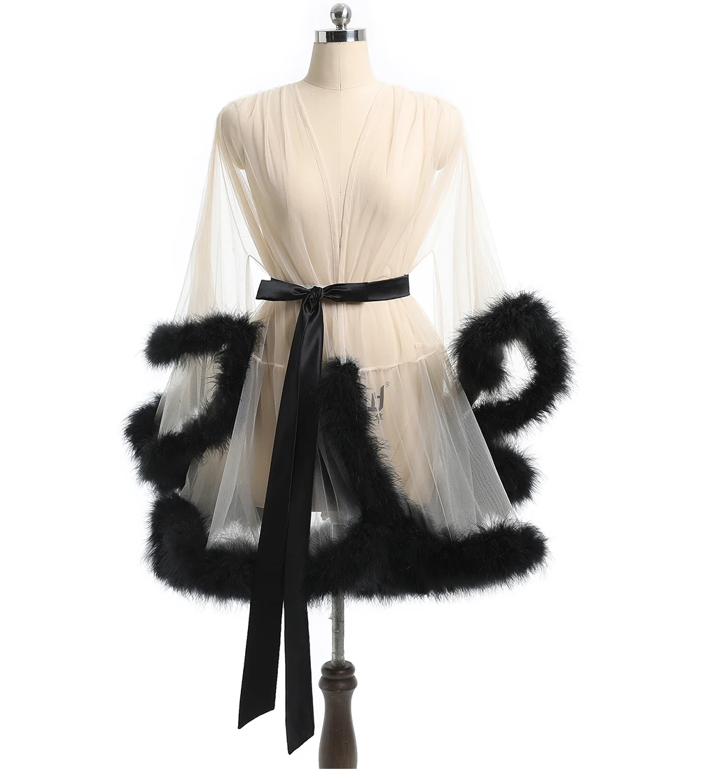 Champagne Black Короткий халат с перьями, халат, свадебное платье, пышное платье, тюль, иллюзия, день рождения, перо, халат, костюм - Цвет: Champagne Black