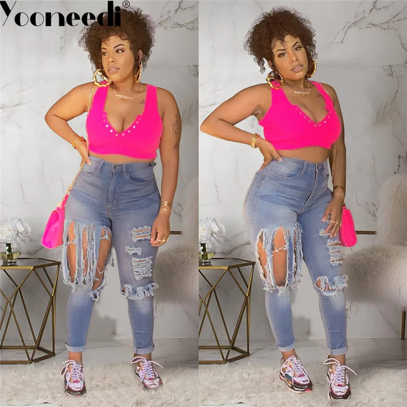 Yooneedi Autumn Design Sexy Plus Size Women Jeans Color Solid Hole Ladies Denim Pants TY-002