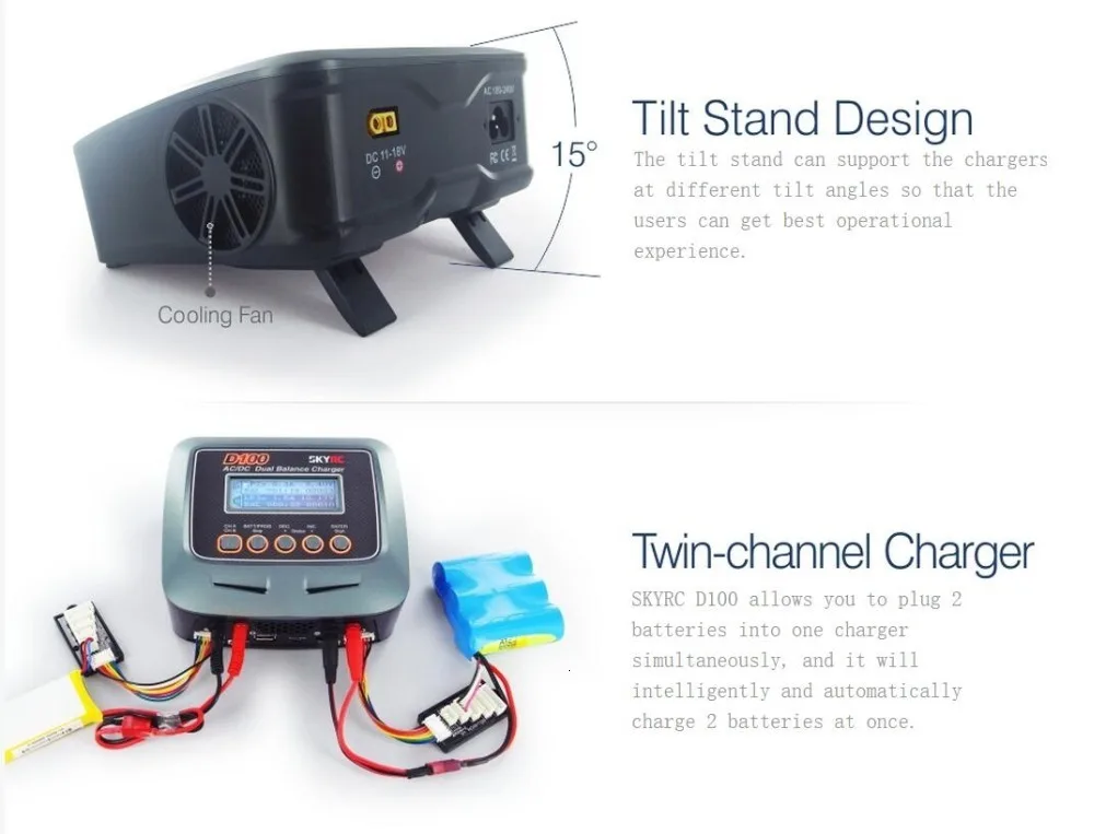 Skyrc D100 зарядное устройство двухканальный AC/DC LiPo 1-6s 2x100 Вт двойной баланс зарядное устройство Dis зарядное устройство Lipo жизнь литий-ионный NiMh PB батарея RC запчасти