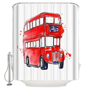 

European Red Double-Decker Bus Retro Bathroom Accessories Waterproof Bathroom Shower Curtain With Hook Accessory