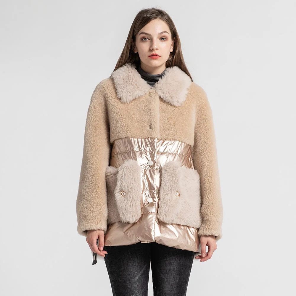 New Women's Real Wool Coat White Duck Down Padded Jacket Zipper Pockets Granular Fur Down Outerwear S7580 - Цвет: Light Yellow