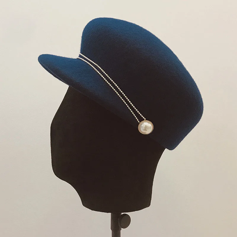 Dark Blue Новая модная Толстая шерстяная шапка наивысшего качества женские теплые зимние шапки Дамский козырек церковный Регулируемый головной убор верблюжья черная синяя военная шляпа - Цвет: Dark Blue