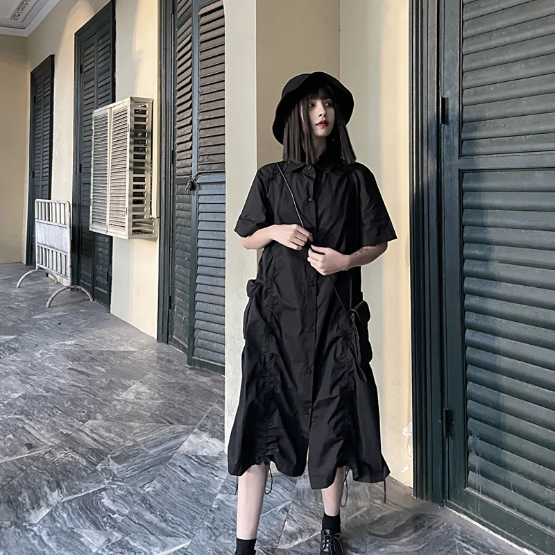 

Ladies A-Line Skirt Short Sleeve Shirt Skirt Summer Style Lapel Dark Single-Breasted Drawstring Design Personality Side Pocket