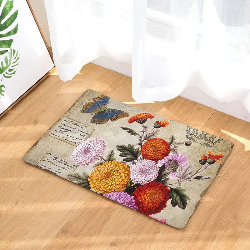 

Retro Style Flower Print Mats Anti-Slip Carpets Bathroom Floor Kitchen Rugs 40x60 50x80cm Front Door Mat