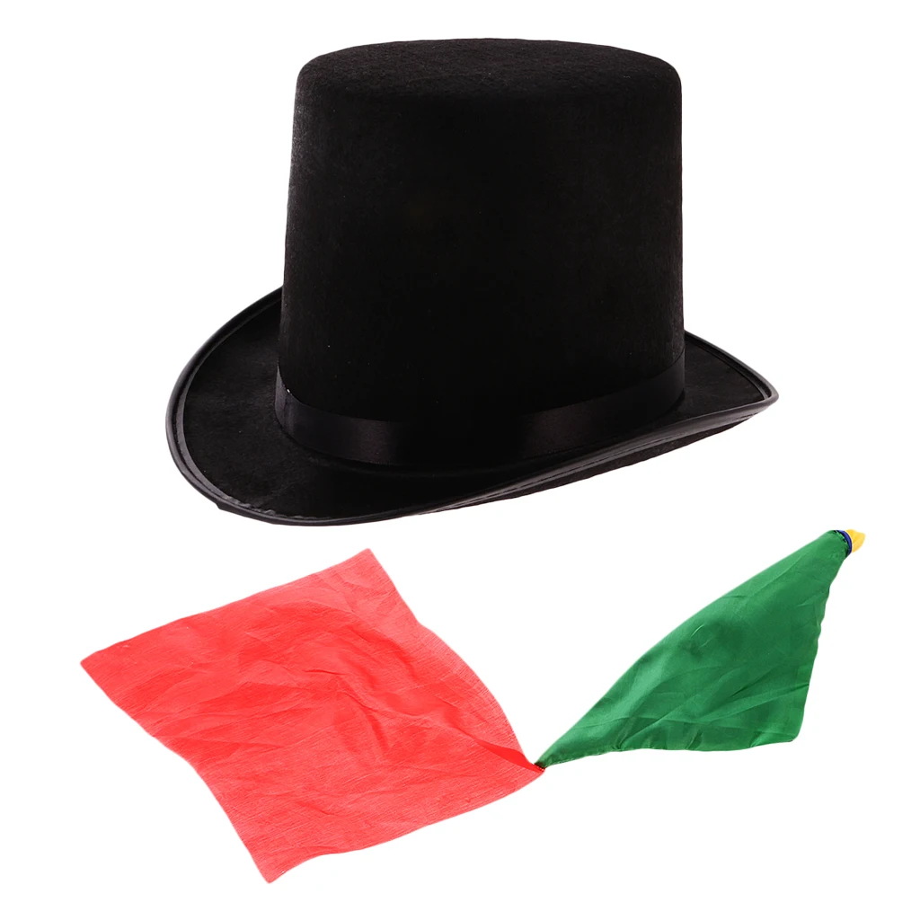 Magician Magic Trick Performing Prop Black Jazz Hat+Change Color Silk Scarf Close up High Top Hat Topper Derby Cylinder Hat