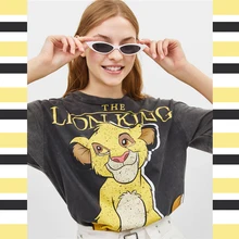 Летние черные женские футболки с принтом «Король Лев», Повседневная хлопковая Футболка с круглым вырезом, женская футболка, Футболки женские с коротким рукавом
