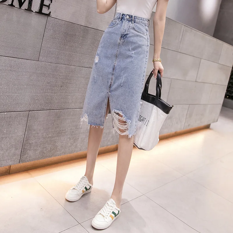 

Photo Shoot 2020 Spring And Summer Medium-length Denim Skirt with Holes Slit Hong Kong Flavor Skirt Women's Slimming Versatile A