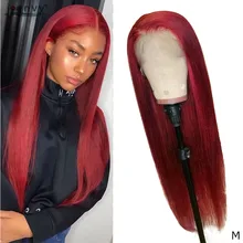 Темно-бордовый Синтетические волосы на кружеве парик их натуральных волос прямые перуанские волосы 13X4 передний парик шнурка с ребенком Человеческие волосы Remy для наращивания, 99J красный парик шнурка
