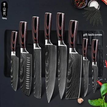 

Qing Japanese Kitchen Knives Laser Damascus Pattern Chef Knife 8 inch Knife Holder Color Wood Handle Meat Fish Fruit Cook Tools