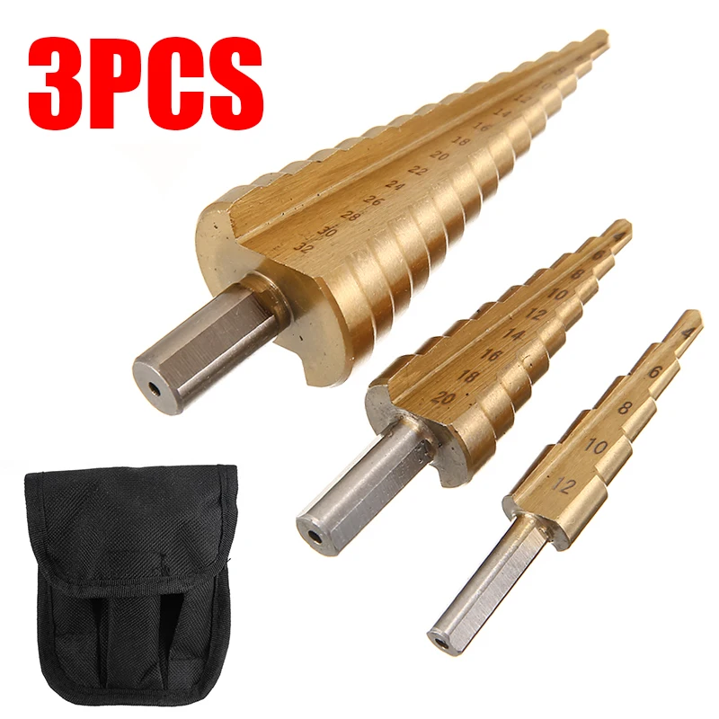 

3Pcs HSS Step Drill Bit Set Cone Hole Cutter 4-12/20/32mm 1/4" Hex Shank Titanium Coated Metal Hole Saw Drill Bits with Bag