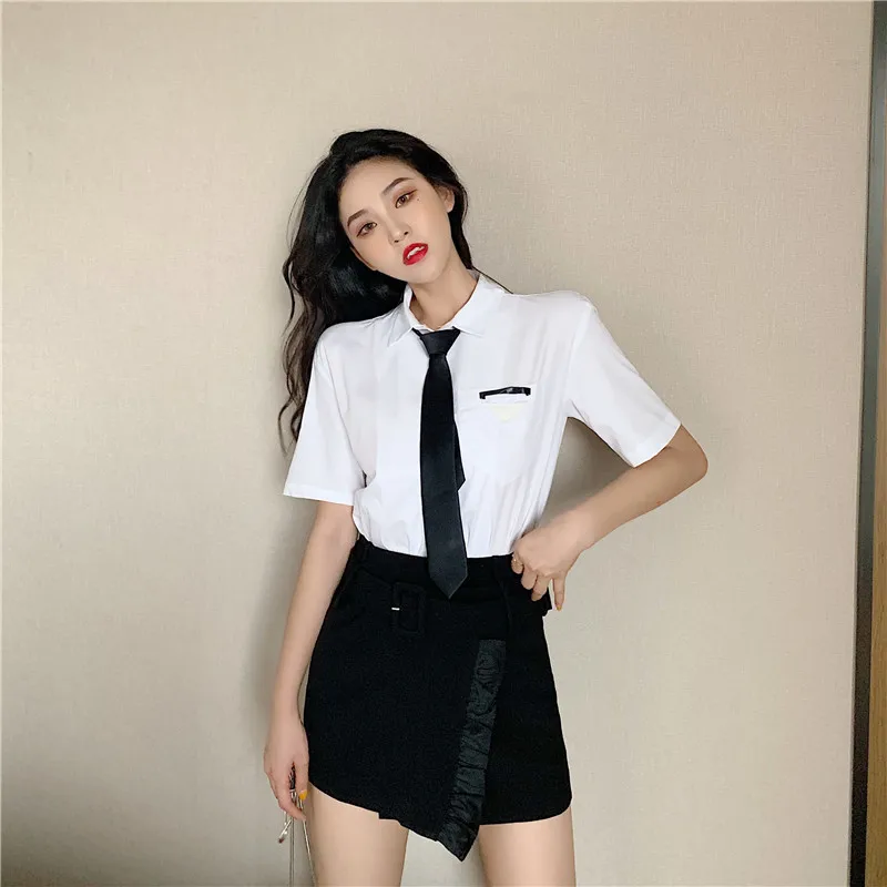 

Photo Shoot Versatile Slim Fit Slimming White Shirt Send Tie + Solid High-waisted Flounced Slit Skirt Set