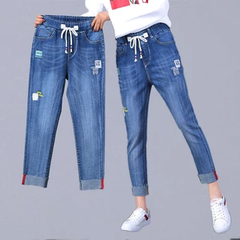 

Plus Size Ankle-length Denim Pants New Fashion Embroidered Elastic Waist Boyfriend Jeans Women Casual Pencil Jeans Pants P116