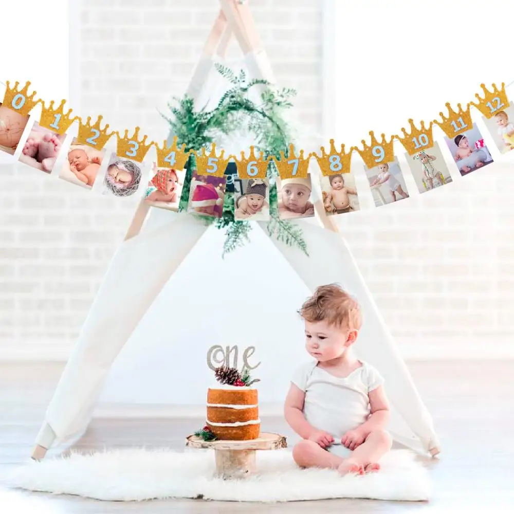 QIFU корона с днем рождения баннер с фото клип 1-й День Рождения Декор ребенок Babyshower один год овсянка гирлянда первый день рождения