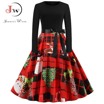

Women Long Sleeve Print Fashion Christmas Dress Casual Winter Elegant Vintage Plaid Patchwork Black Party Dress Robe Plus Size